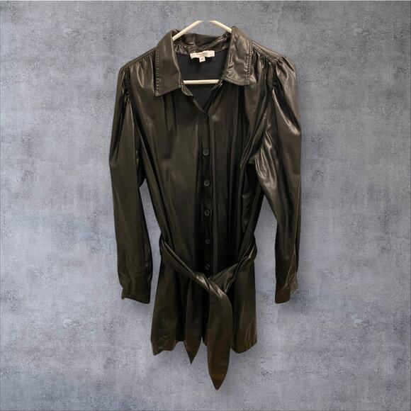 Peter Som Women's Size 14 Black Faux Leather Belted Overcoat Trench Jacket - Picture 1 of 5
